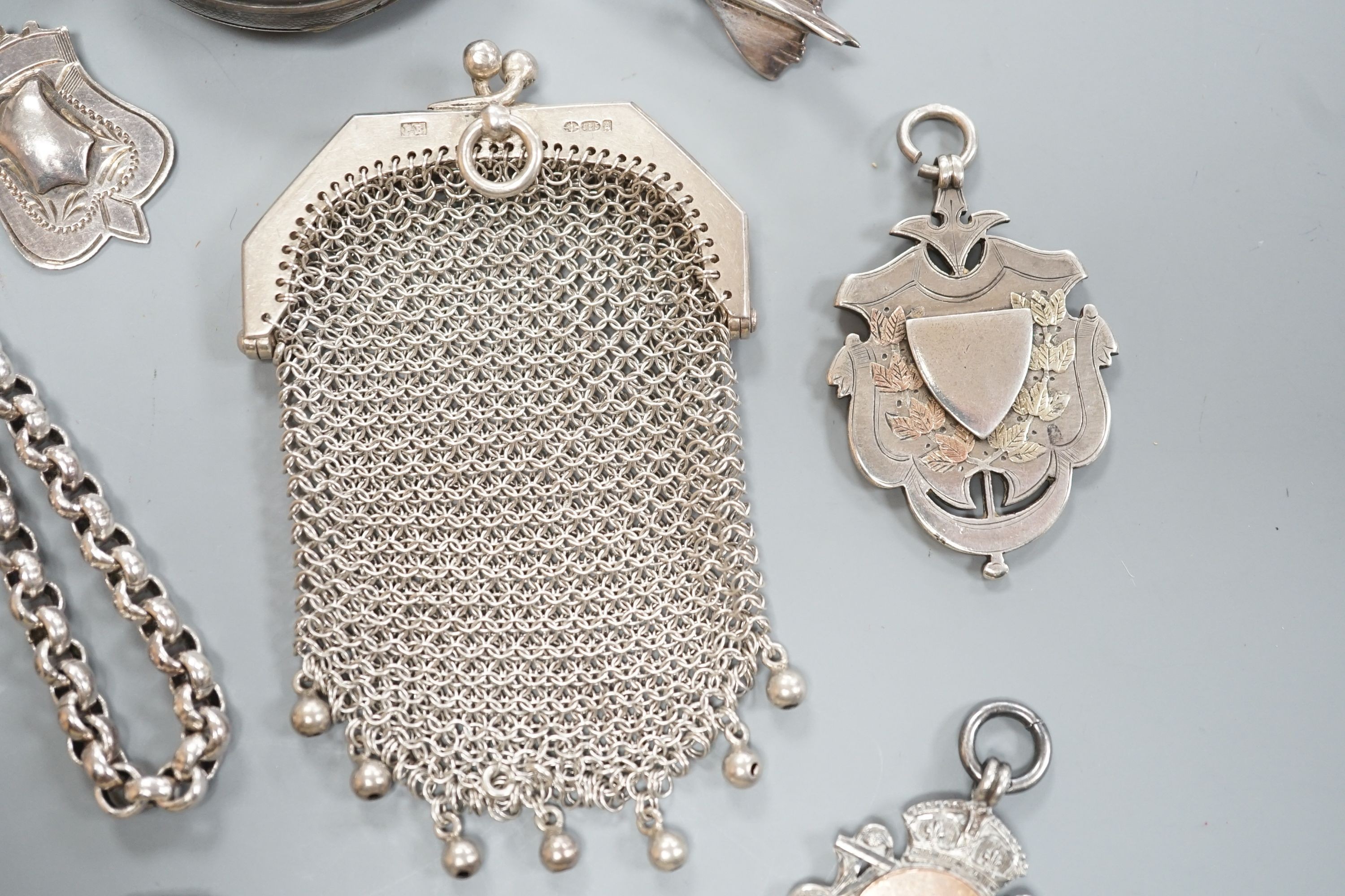 A small group of mainly silver and white metal jewellery including belcher chain, brooches, medallions, evening purse etc. and two silver pocket watch cases.